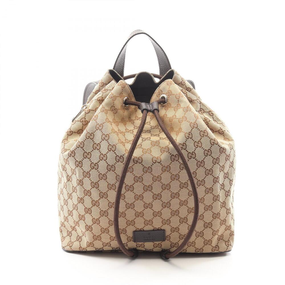 Gucci GG Canvas Backpack Rucksack Bag Leather Beige Cream Brown